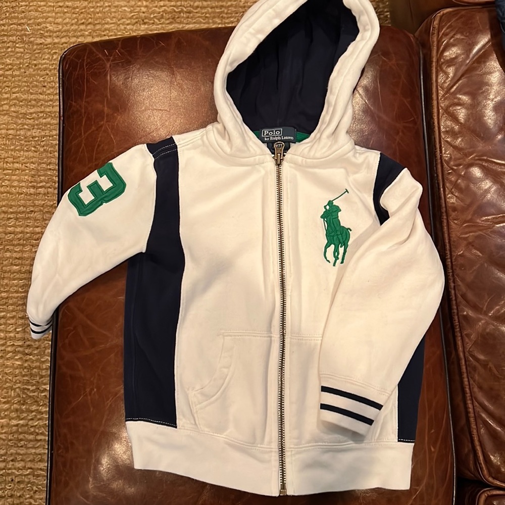 Boys polo zip up hoodie. Size 3t. White with green horse. Gently worn